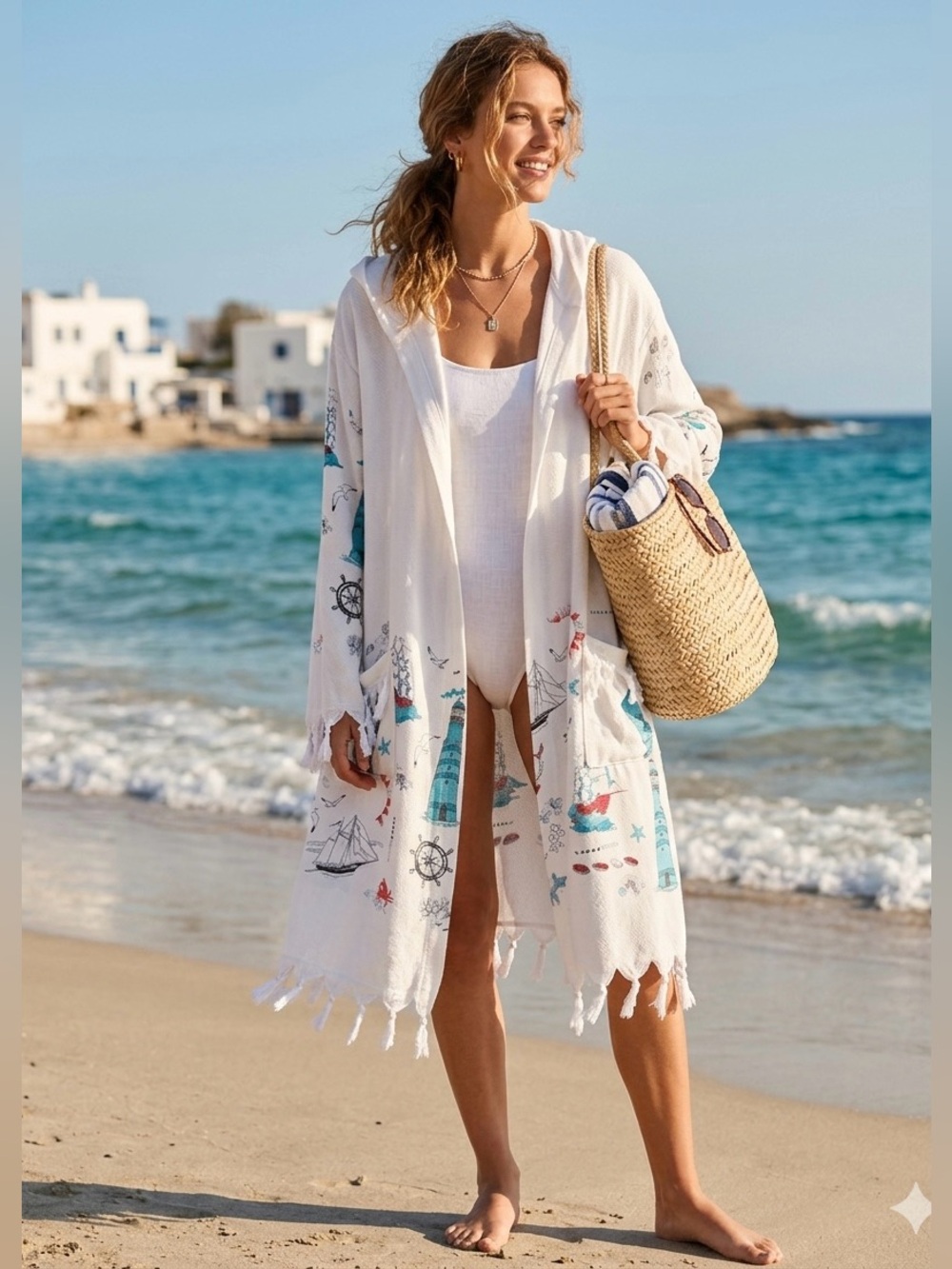 Beach Cover-Up / Kimono with Hood and Nautical Print